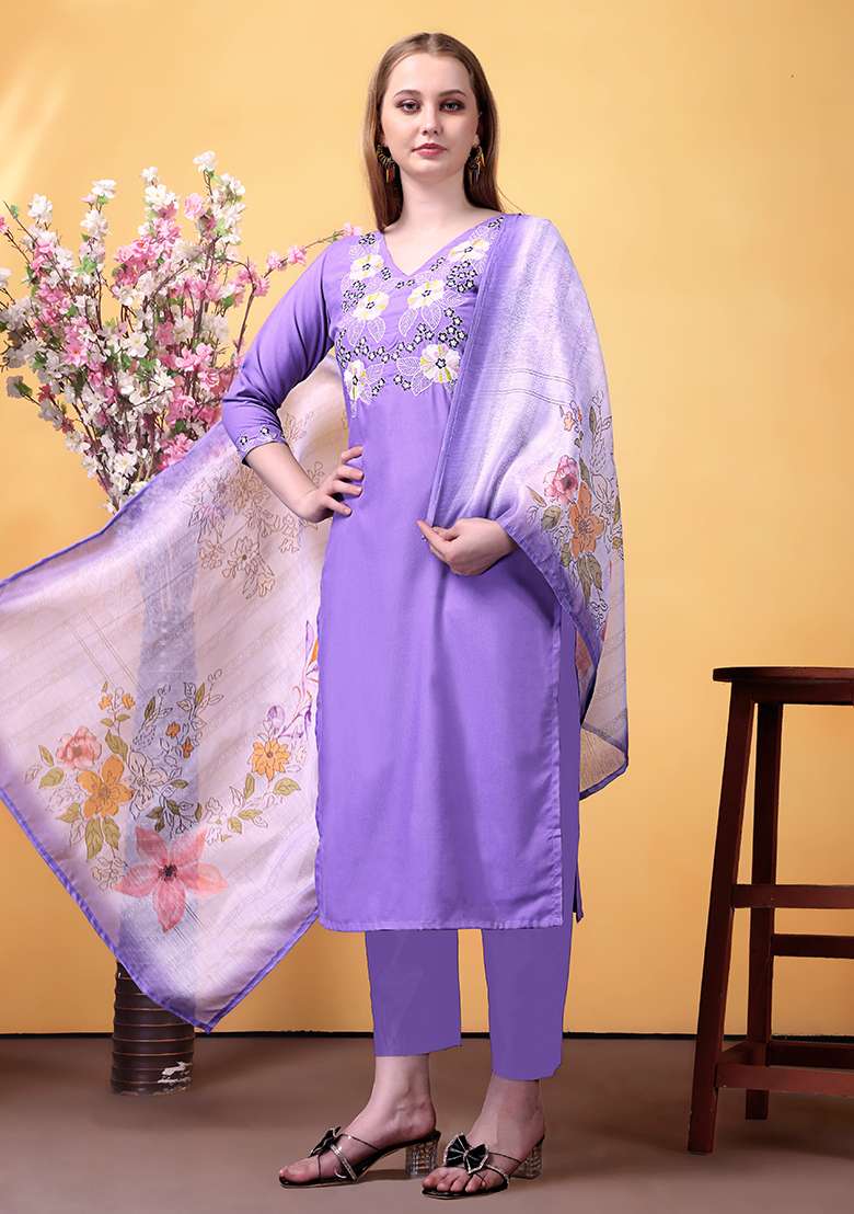 Purple Embroidered Rayon Straight Kurta Set - Indya