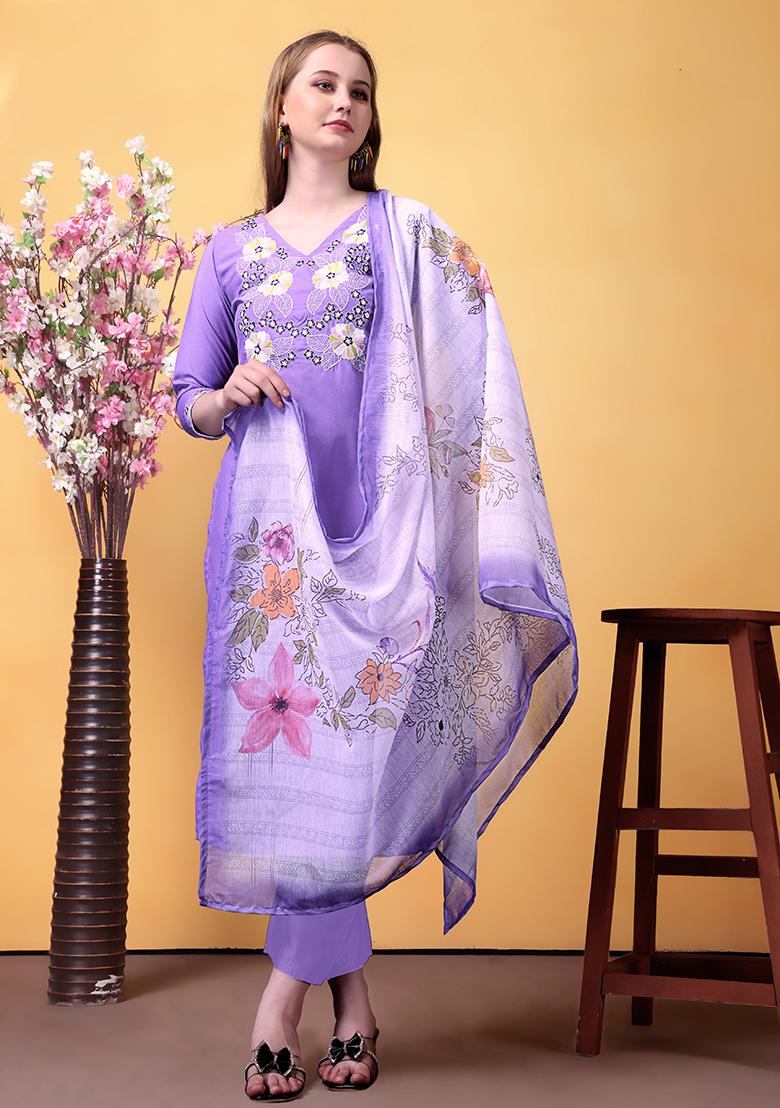 Purple Embroidered Rayon Salwar Kameez With Dupatta