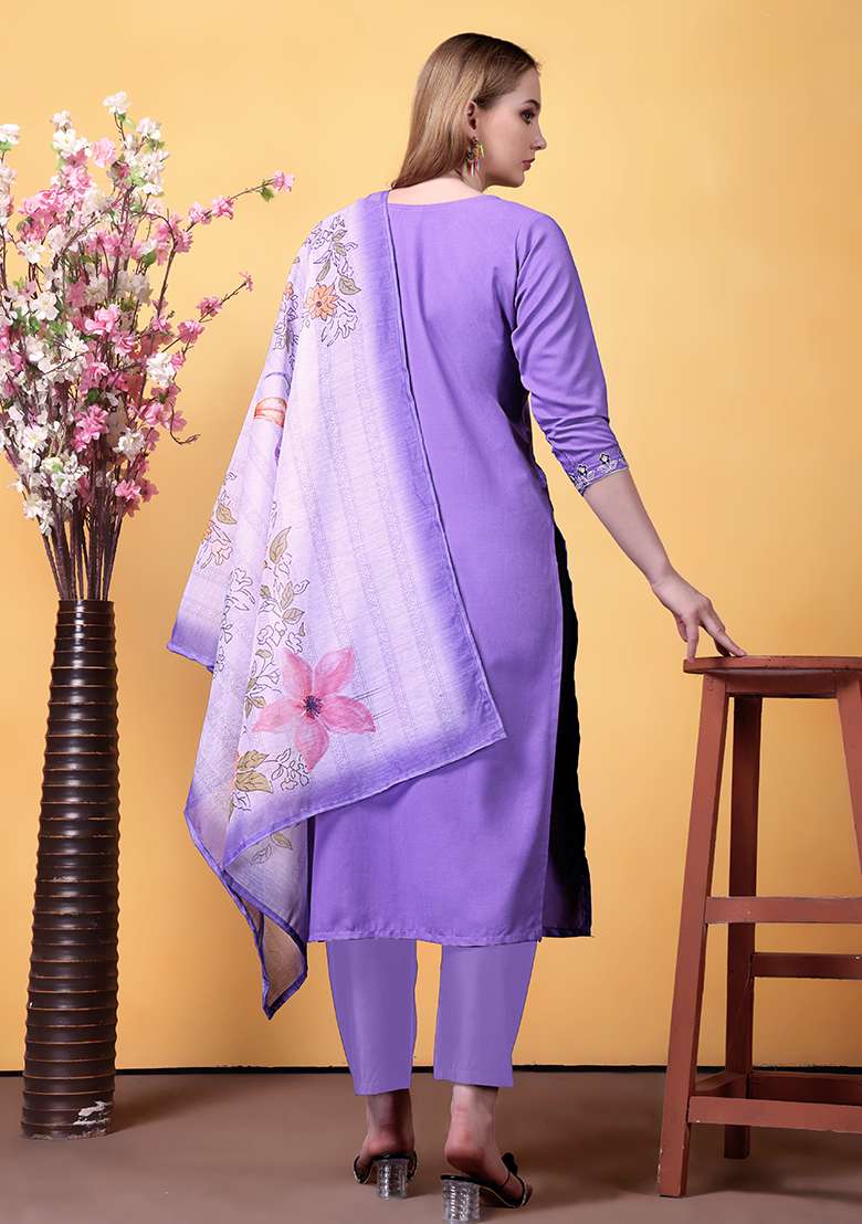 Purple Embroidered Rayon Straight Kurta Set - Indya