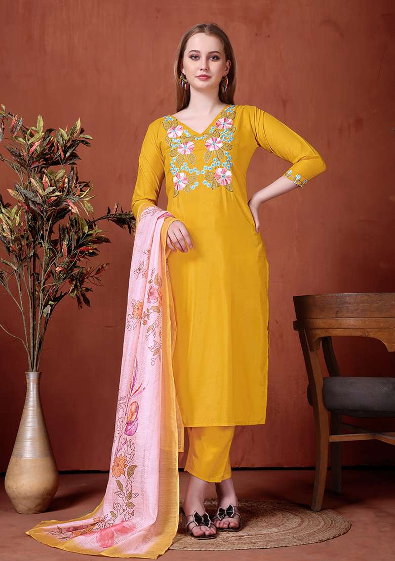 Yellow Embroidered Rayon Straight Kurta Set - Indya