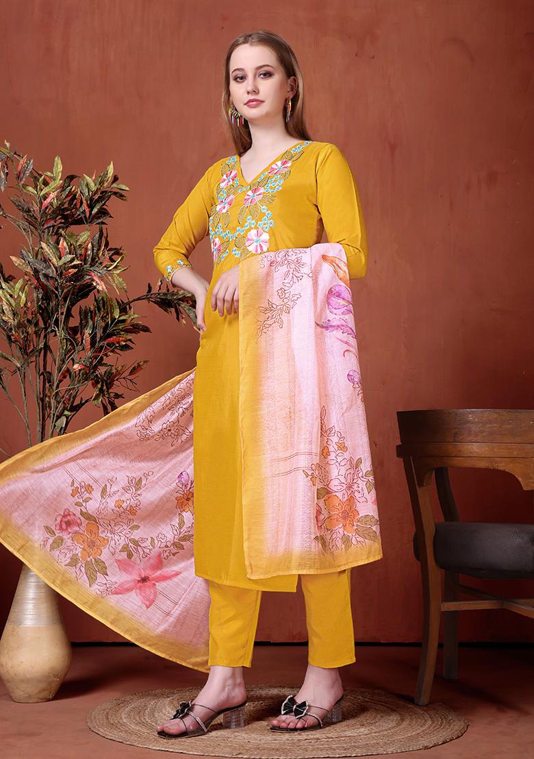 Yellow Embroidered Rayon Salwar Kameez With Dupatta