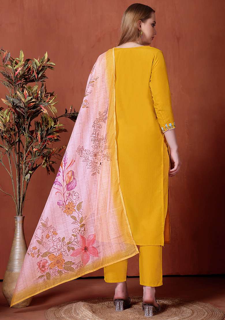 Yellow Embroidered Rayon Straight Kurta Set - Indya