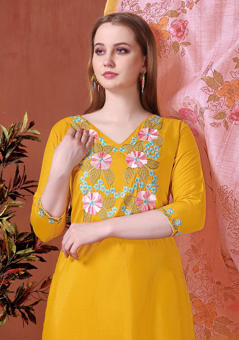 Yellow Embroidered Rayon Salwar Kameez With Dupatta