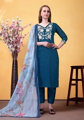 Blue Embroidered Rayon Salwar Kameez With Dupatta