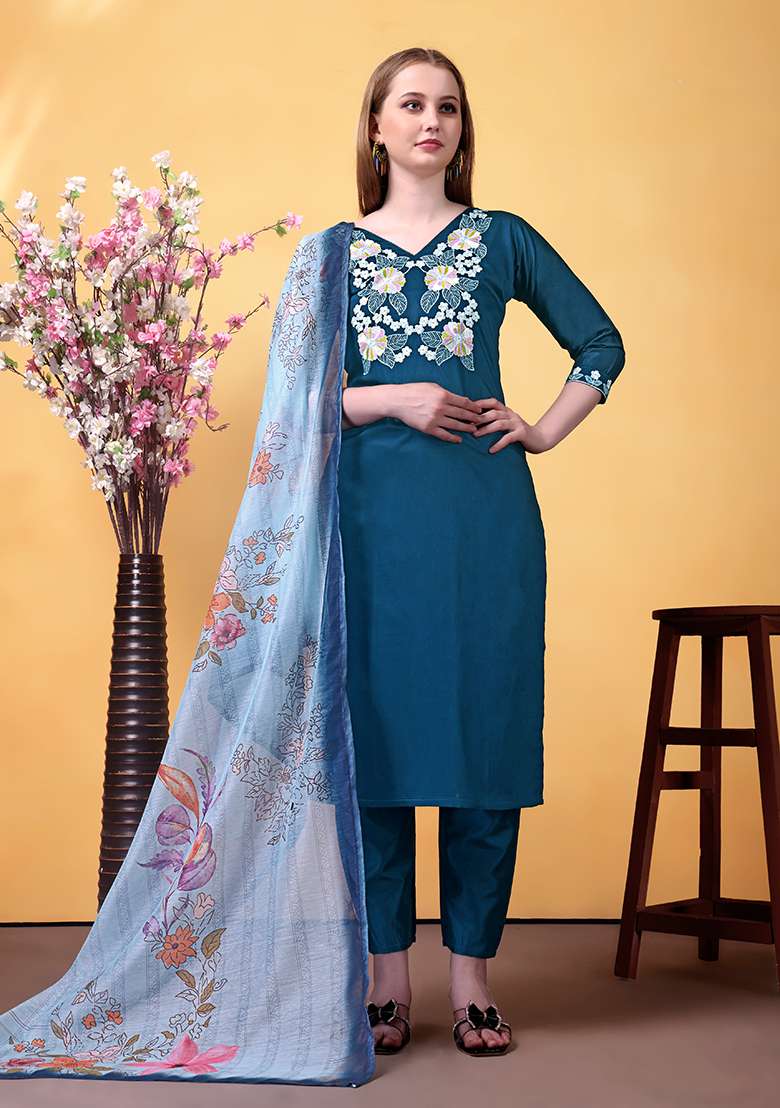 Blue Embroidered Rayon Straight Kurta Set - Indya