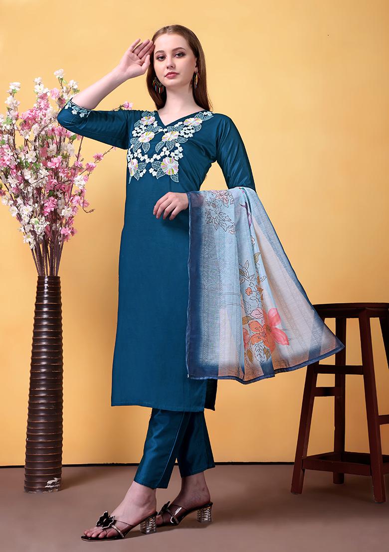 Blue Embroidered Rayon Salwar Kameez With Dupatta