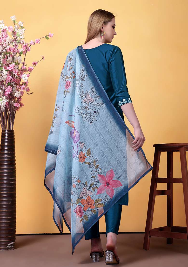 Blue Embroidered Rayon Straight Kurta Set - Indya