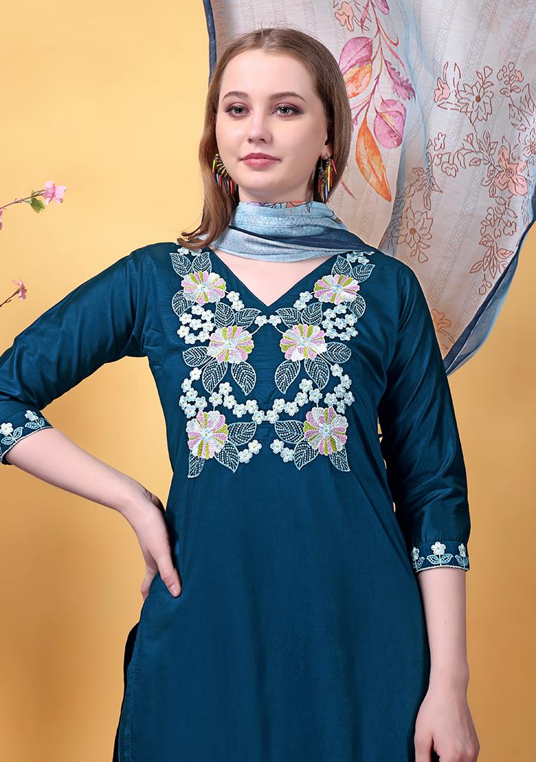 Blue Embroidered Rayon Salwar Kameez With Dupatta