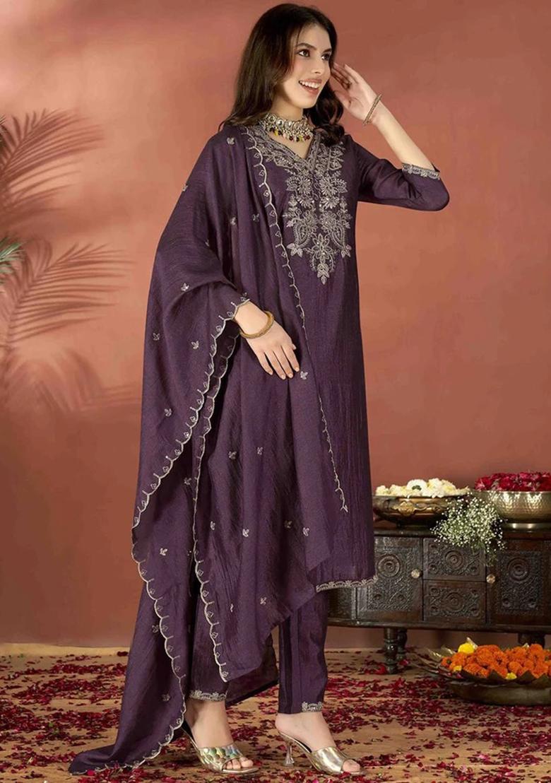 Wine Embroidered Vichitra Salwar Kameez With Dupatta