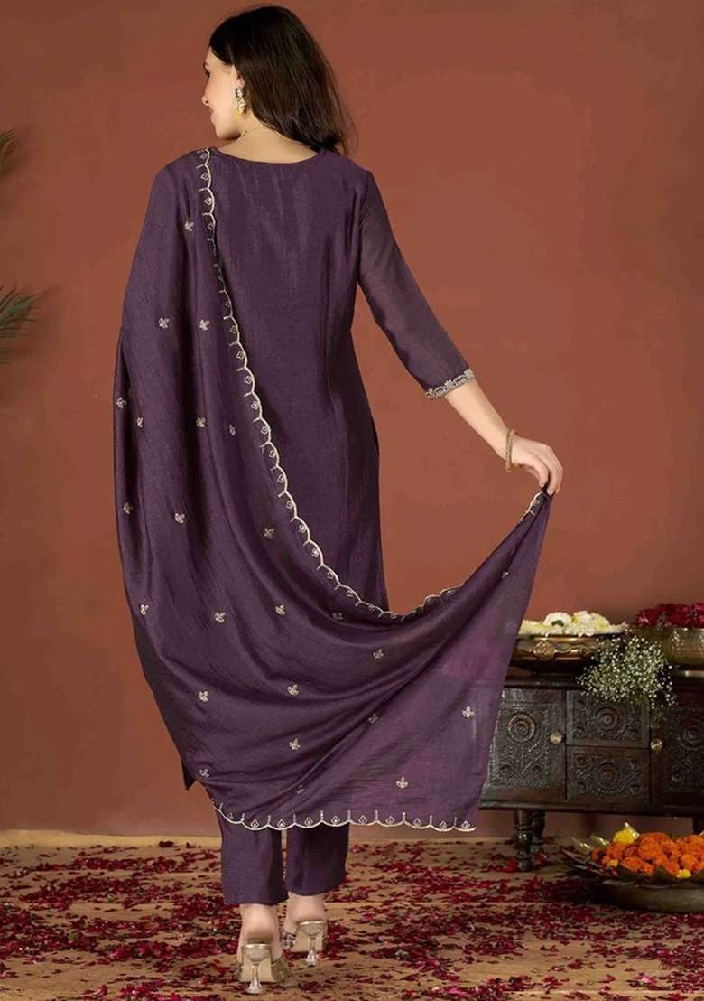 Wine Embroidered Vichitra Straight Kurta Set - Indya