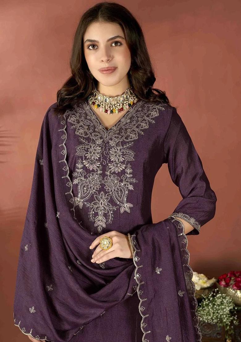 Wine Embroidered Vichitra Salwar Kameez With Dupatta