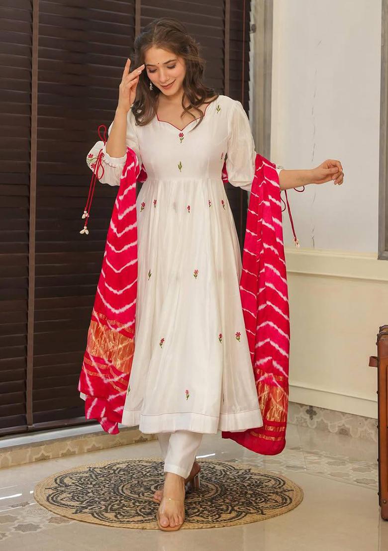 Off White Embroidered Chanderi Salwar Kameez With Dupatta