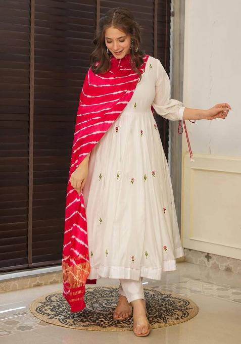 Off White Embroidered Chanderi Salwar Kameez With Dupatta