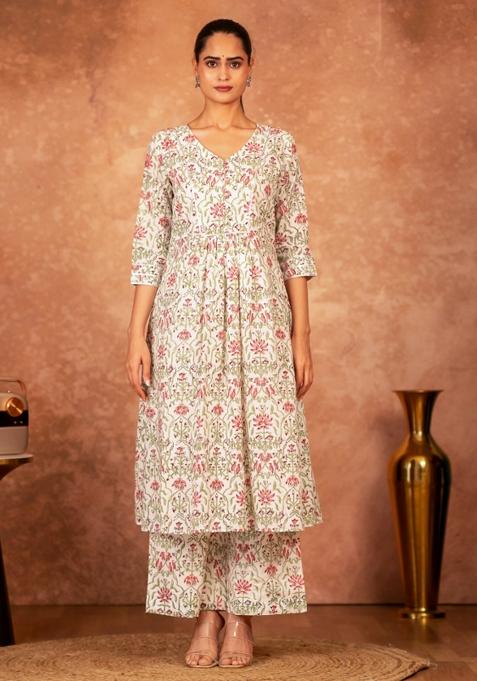 Multicolor Floral Print Cotton A Line Kurta Set
