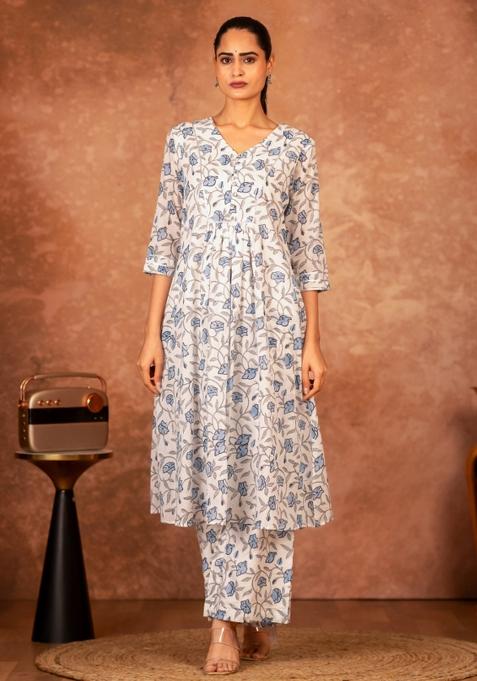 Multicolor Floral Print Cotton A Line Kurta Set
