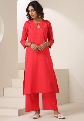 Red Embroidered Cotton Salwar Kameez