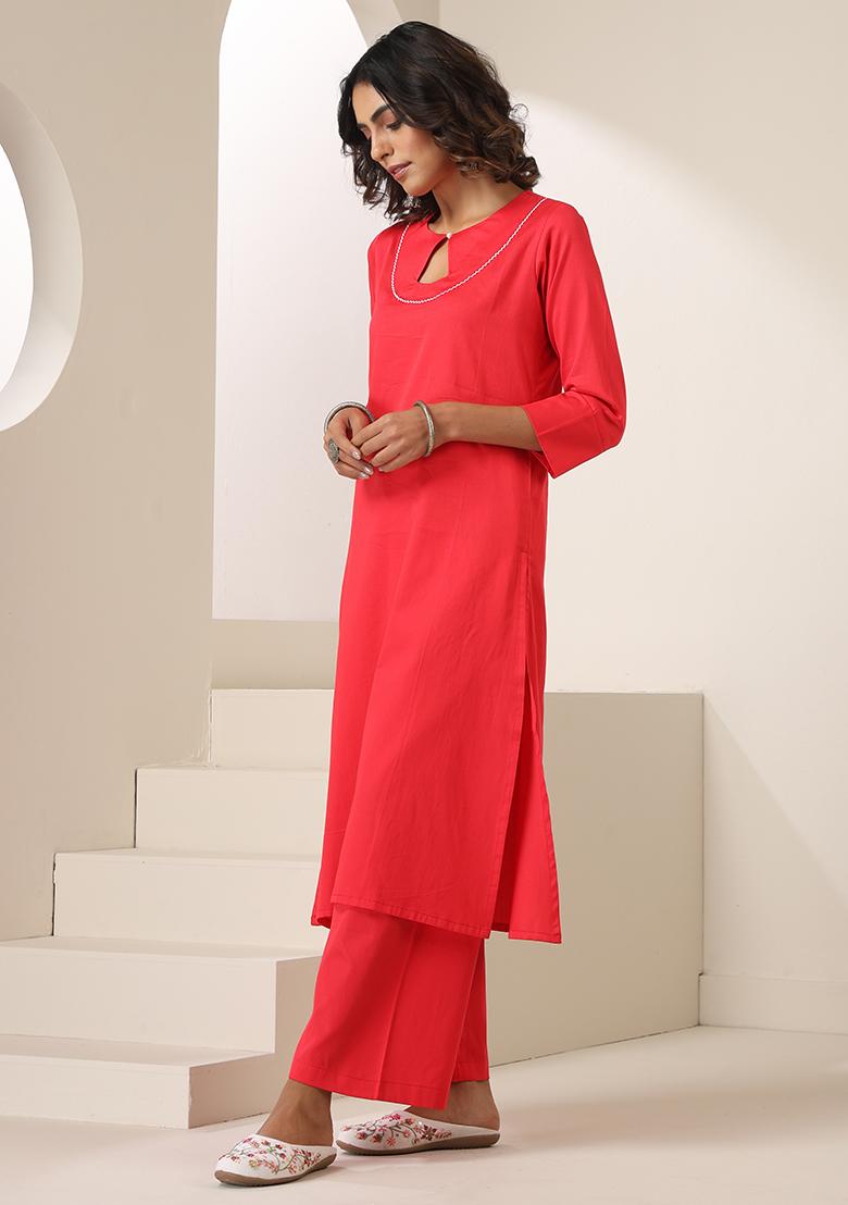 Red Embroidered Cotton Salwar Kameez