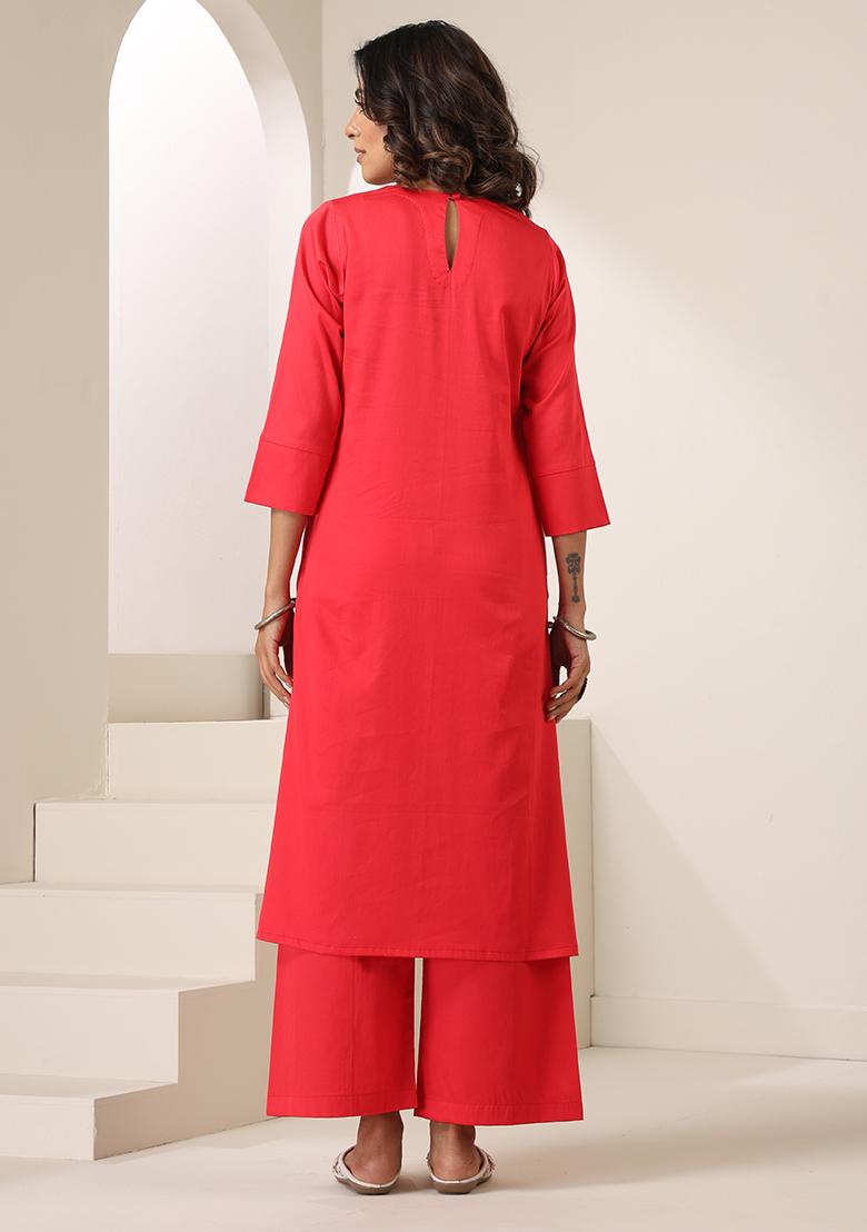 Red Embroidered Cotton Salwar Kameez
