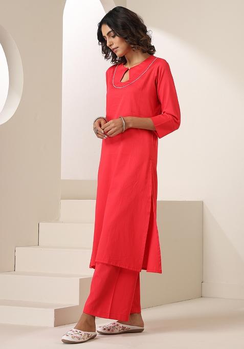Red Embroidered Cotton Salwar Kameez