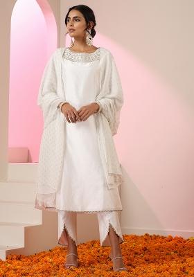 White Embroidered Chanderi Salwar Kameez With Dupatta