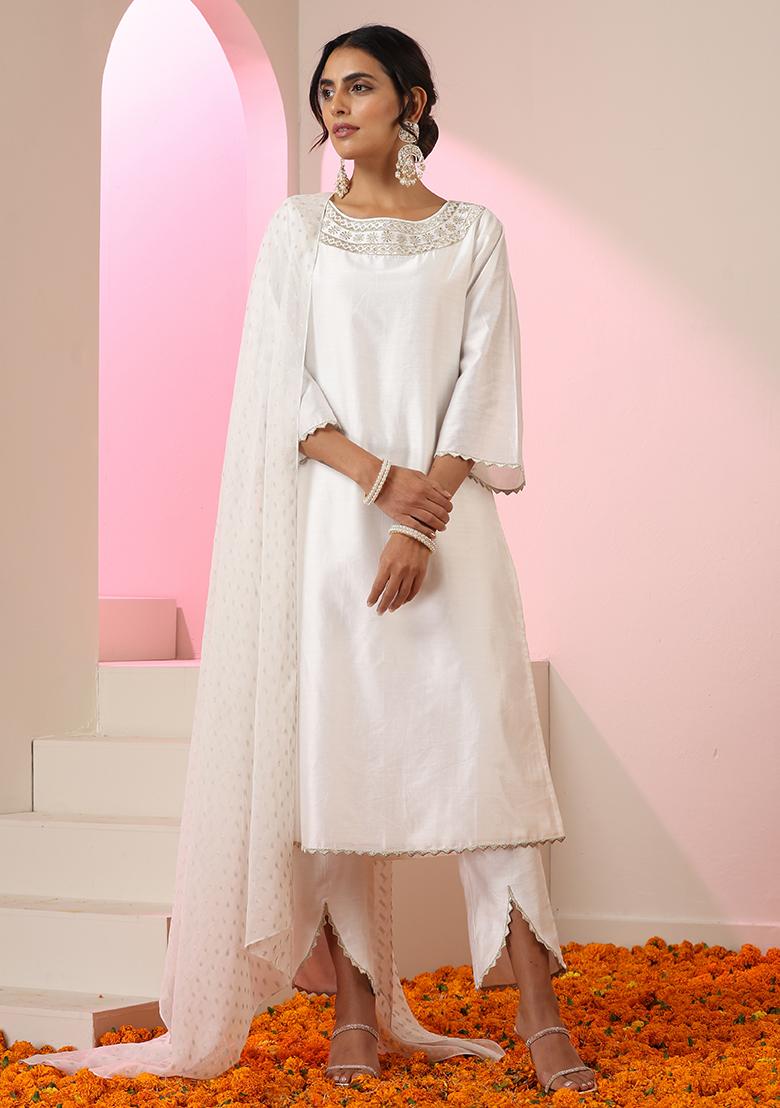 White Embroidered Chanderi Salwar Kameez With Dupatta