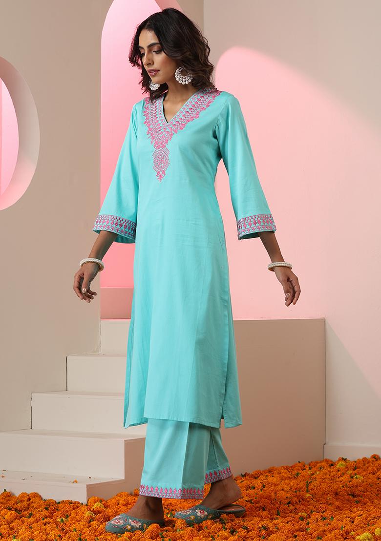 Sky Blue Embroidered Cotton Salwar Kameez