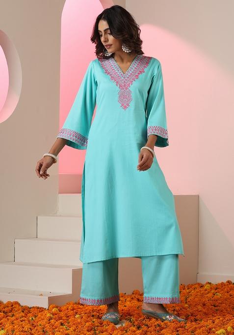 Sky Blue Embroidered Cotton Straight Kurta Set