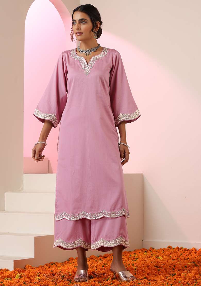 Lavender Embroidered Cotton Straight Kurta Set - Indya
