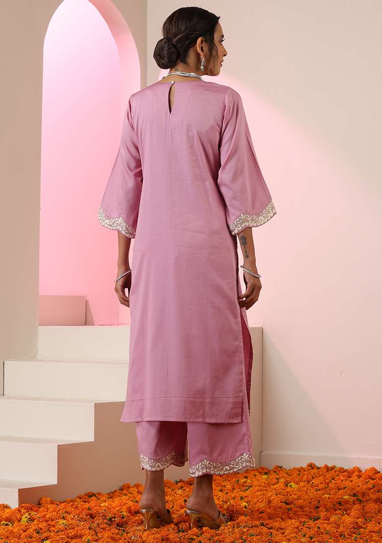 Lavender Embroidered Cotton Straight Kurta Set - Indya