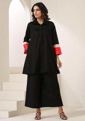 Black Embroidered Cotton Co Ord Set