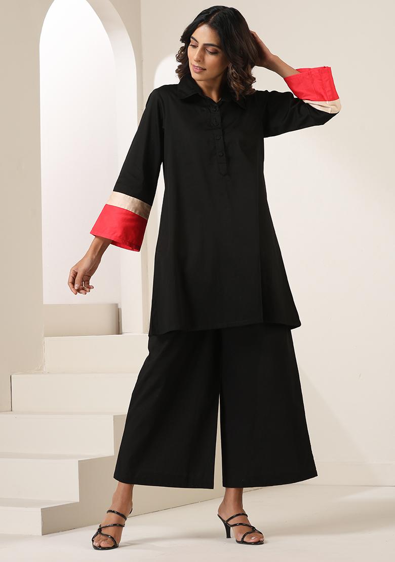 Black Embroidered Cotton Co Ord Set