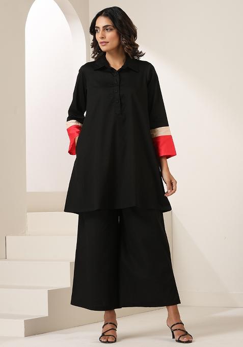 Black Embroidered Cotton Co Ord Set