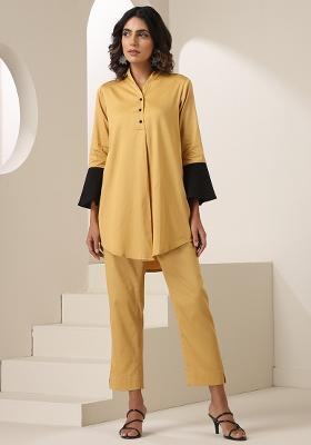 Brown Embroidered Cotton Co Ord Set