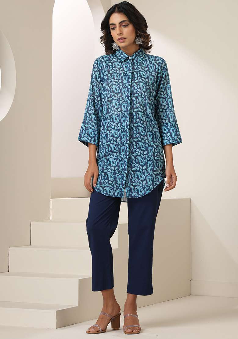 Indigo Blue Printed Mulmul Kurta - Indya
