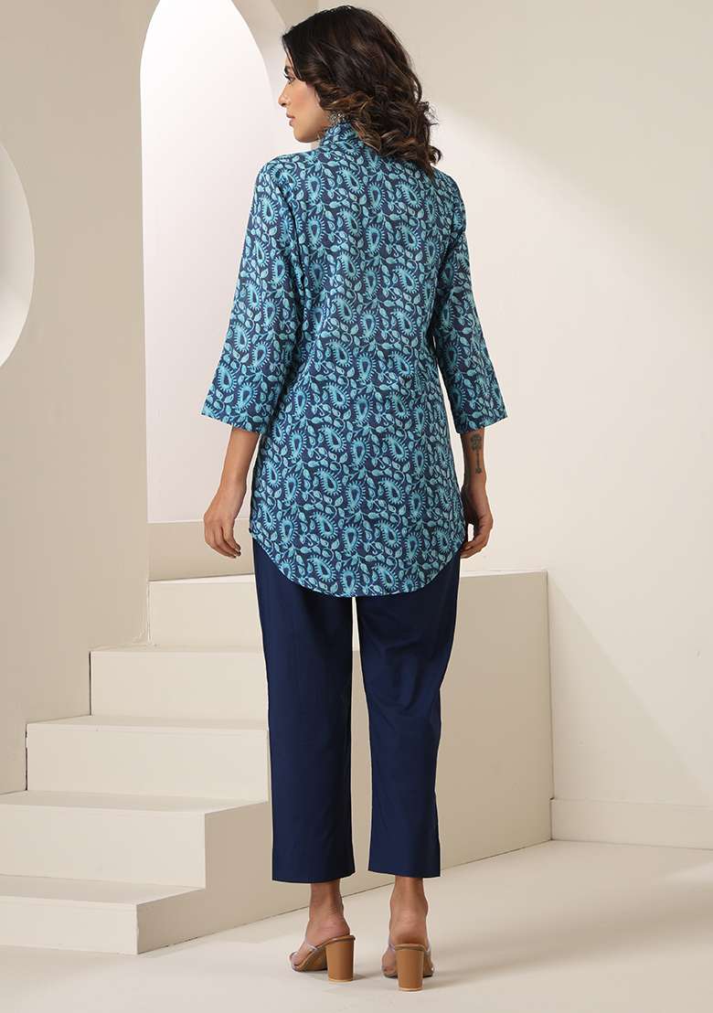 Indigo Blue Printed Mulmul Kurta - Indya