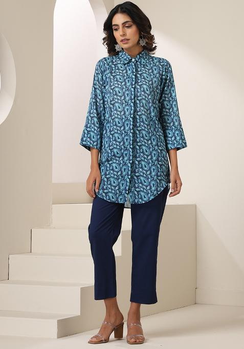 Indigo Blue Embroidered Mulmul Co Ord Set