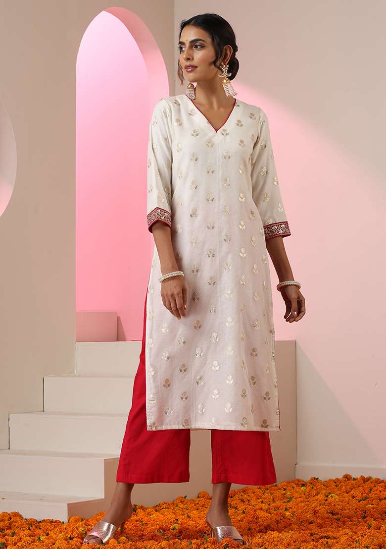 White Printed Chanderi Straight Kurta Set - Indya