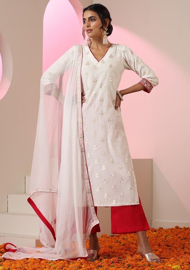 White Embroidered Chanderi Salwar Kameez With Dupatta