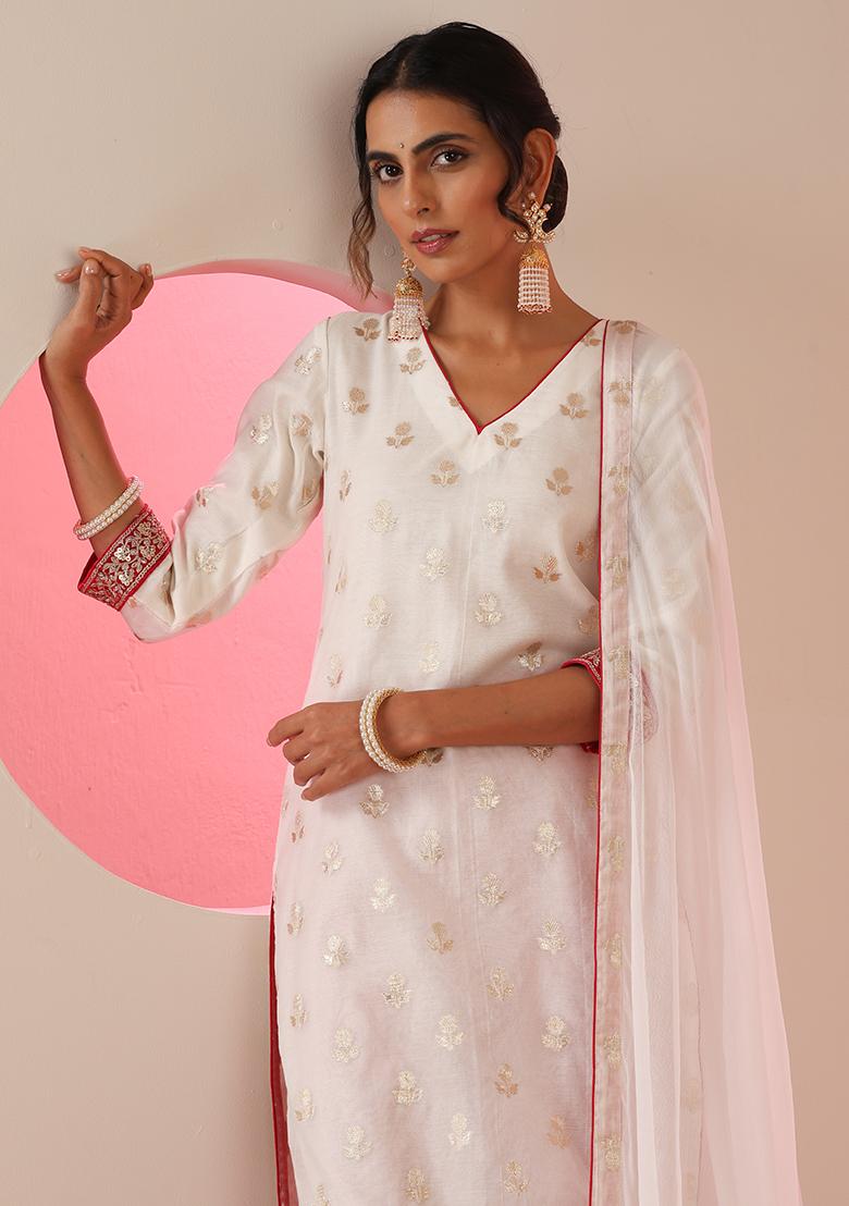 White Embroidered Chanderi Salwar Kameez With Dupatta
