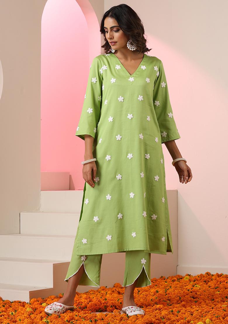 Green Embroidered Cotton Salwar Kameez