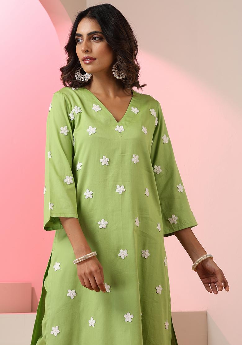 Green Embroidered Cotton Salwar Kameez