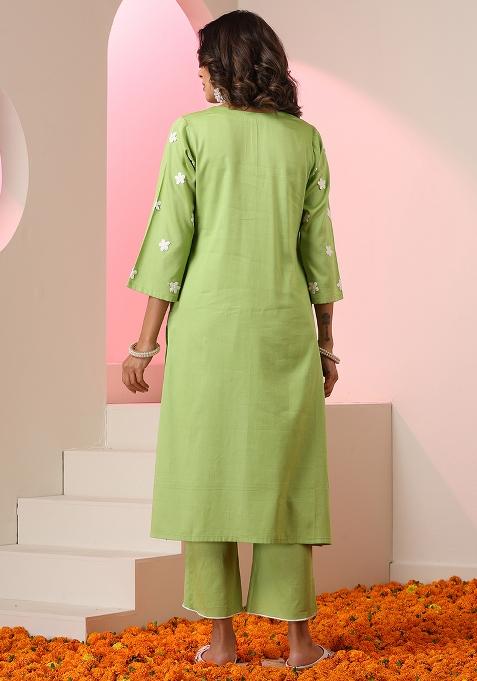 Green Embroidered Cotton Salwar Kameez