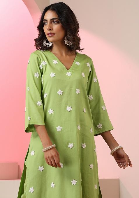 Green Embroidered Cotton Salwar Kameez