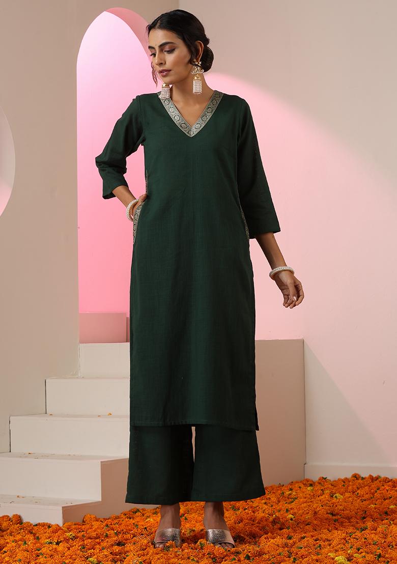 Dark Green Embroidered Linen Salwar Kameez