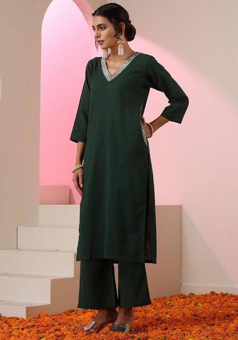 Dark Green Embroidered Linen Salwar Kameez