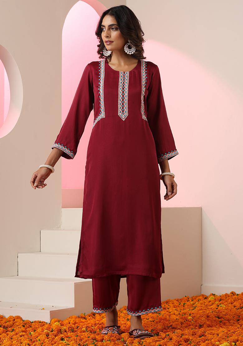 Maroon Embroidered Silk Salwar Kameez