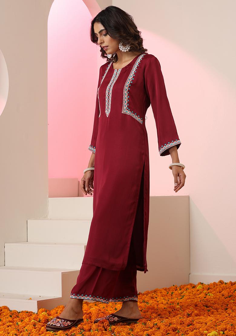 Maroon Embroidered Silk Salwar Kameez