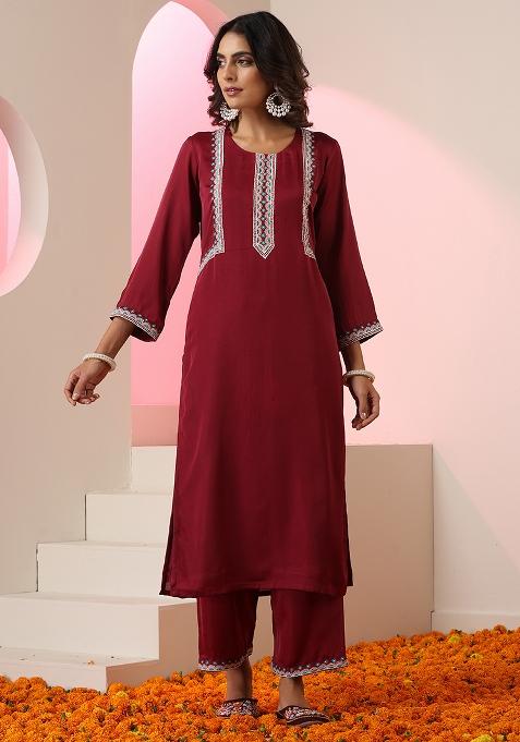Maroon Embroidered Silk Salwar Kameez