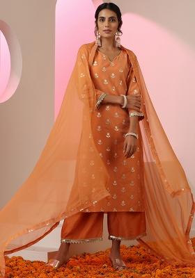 Orange Embroidered Chanderi Salwar Kameez With Dupatta