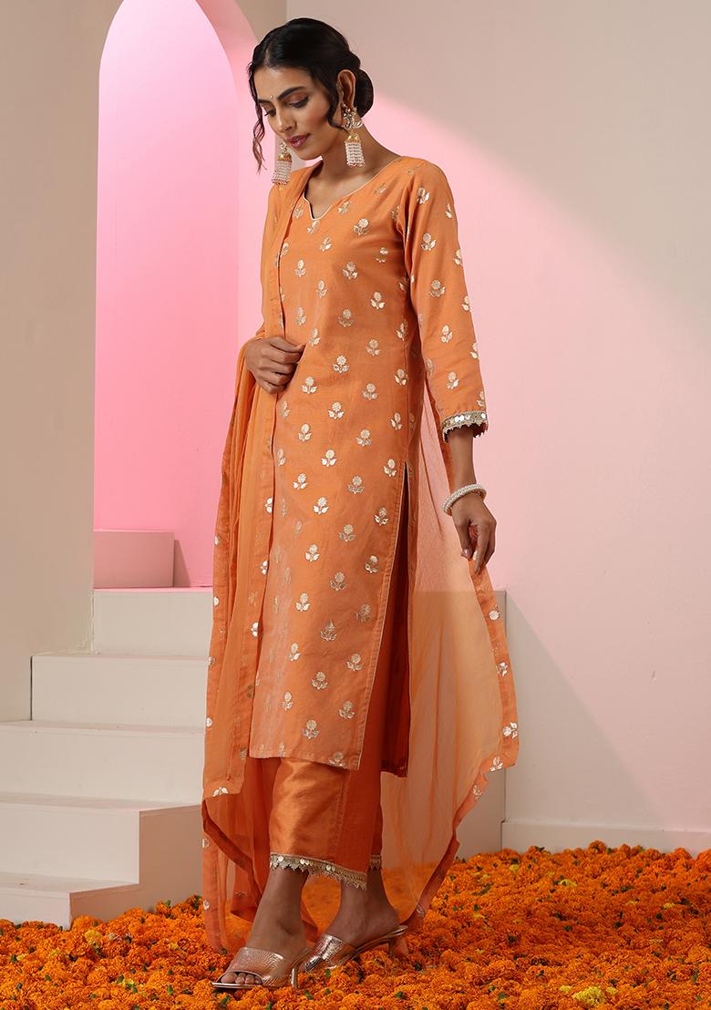 Orange Embroidered Chanderi Salwar Kameez With Dupatta
